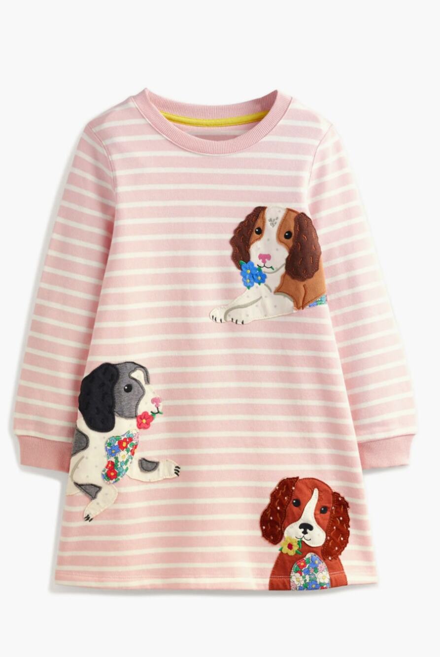 Mini Boden Dog Puppy Appliqué Stripe Sweatshirt Dress | Pink White | 4-5Y